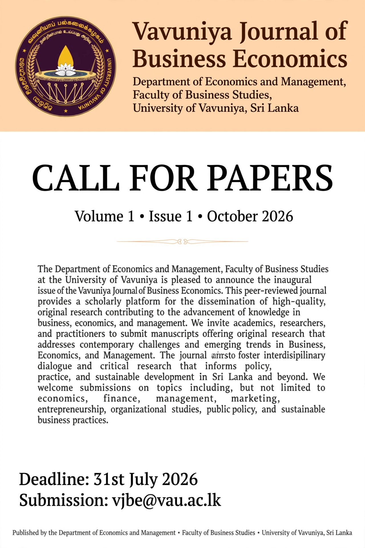 VJBE Call for Papers poster – Inaugural Issue 2026