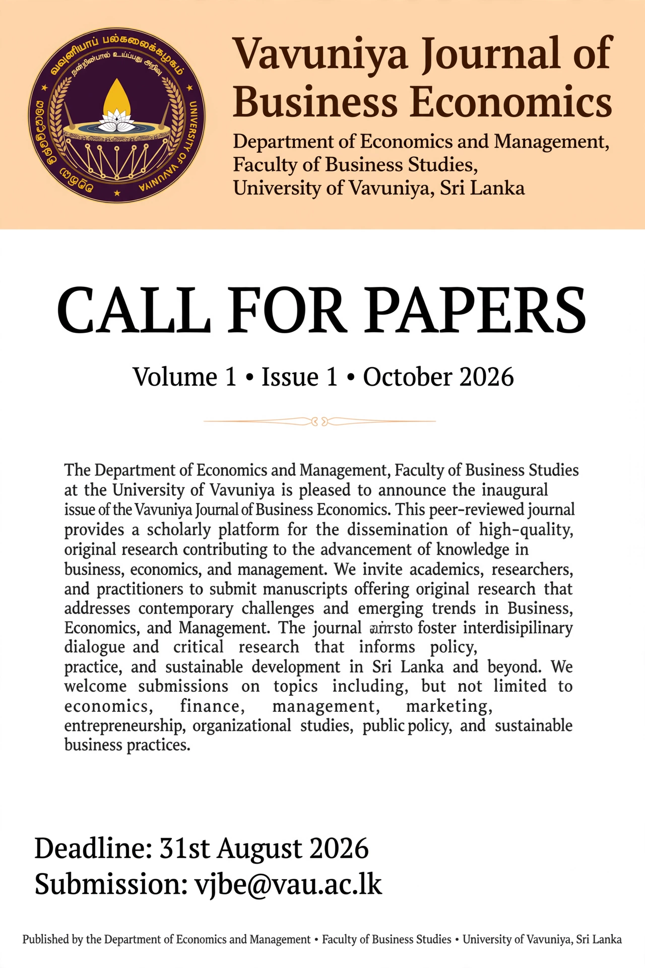 VJBE Call for Papers poster – Inaugural Issue 2026